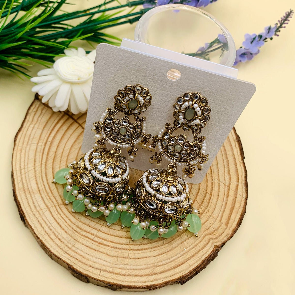 Mint Green Premium Furshi Kundan Jhumka Earrings - Image 2